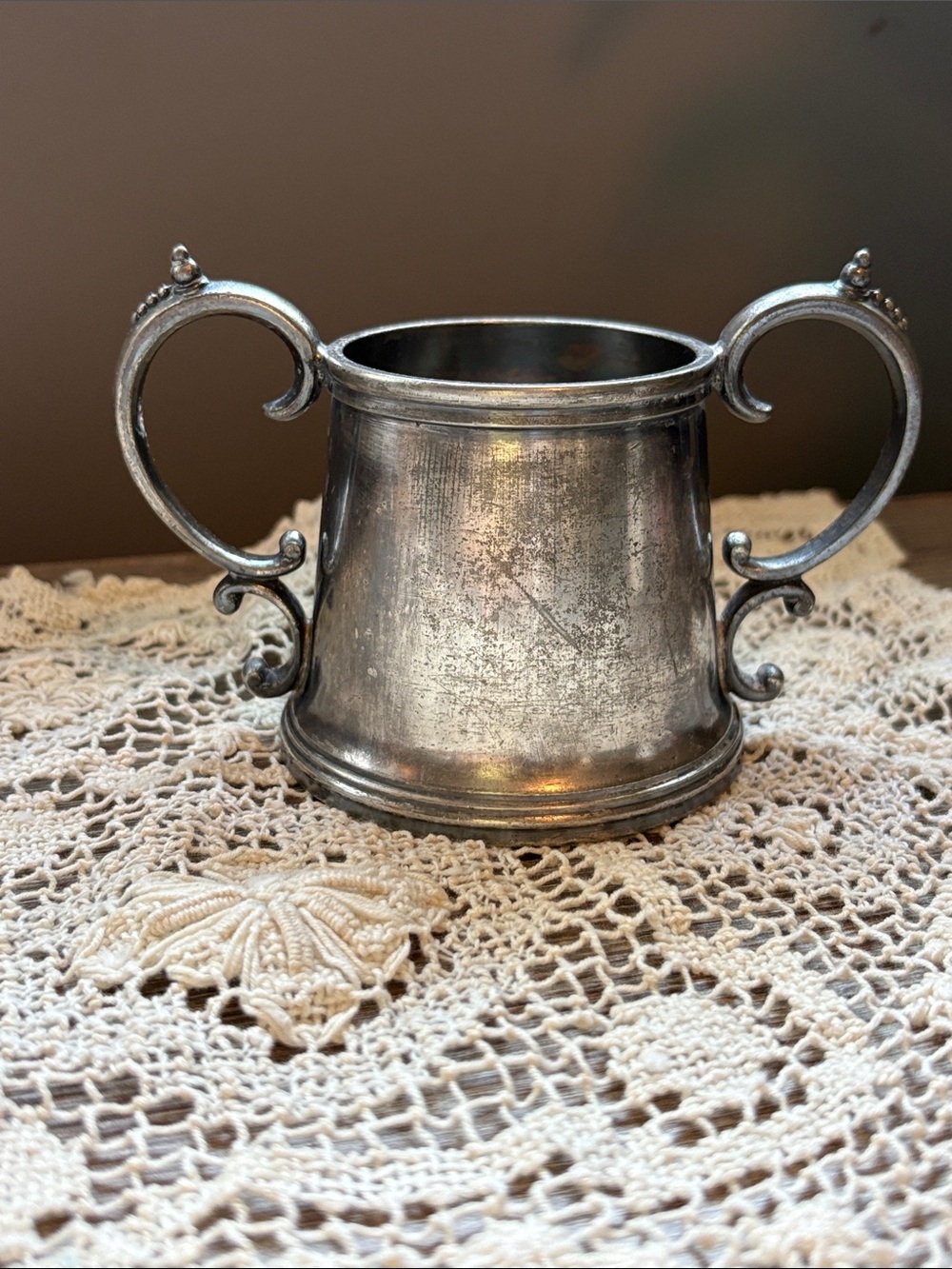 Antique-Style Double Handle Pewter Cup - Silver